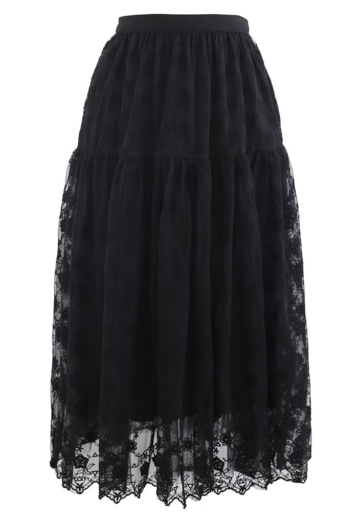 Floral Organza Overlay Mesh Midi Skirt in Black