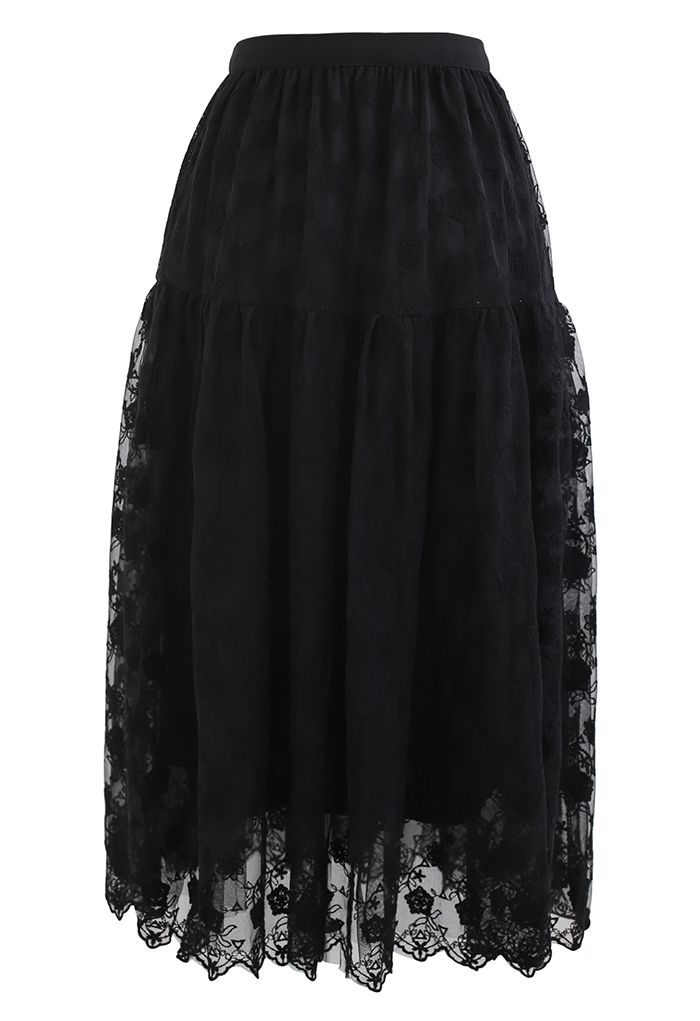 Floral Organza Overlay Mesh Midi Skirt in Black - Retro, Indie and ...