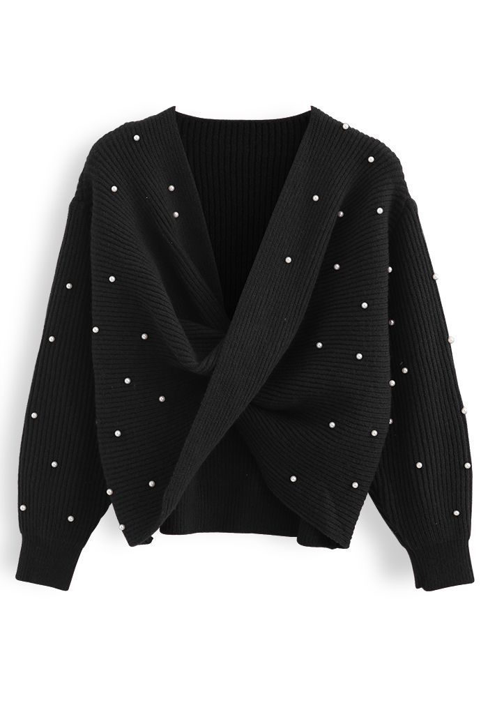 Twist Front Pearl Rib Knit Sweater in Black