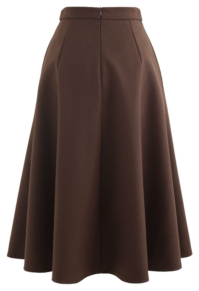 Horsebit Waist Seam Detail Flare Skirt in Brown