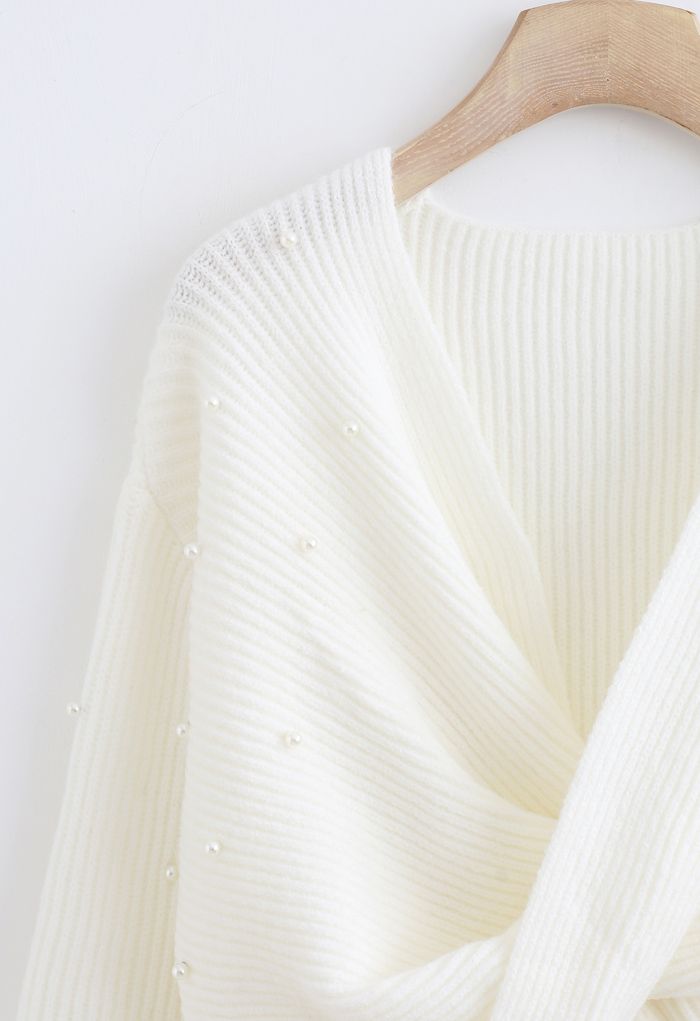 Twist Front Pearl Rib Knit Sweater in White - Retro, Indie and Unique ...