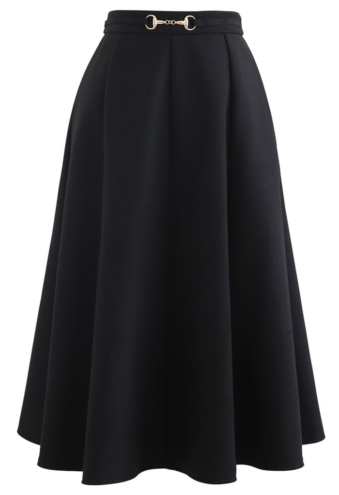 Horsebit Waist Seam Detail Flare Skirt in Black - Retro, Indie and ...