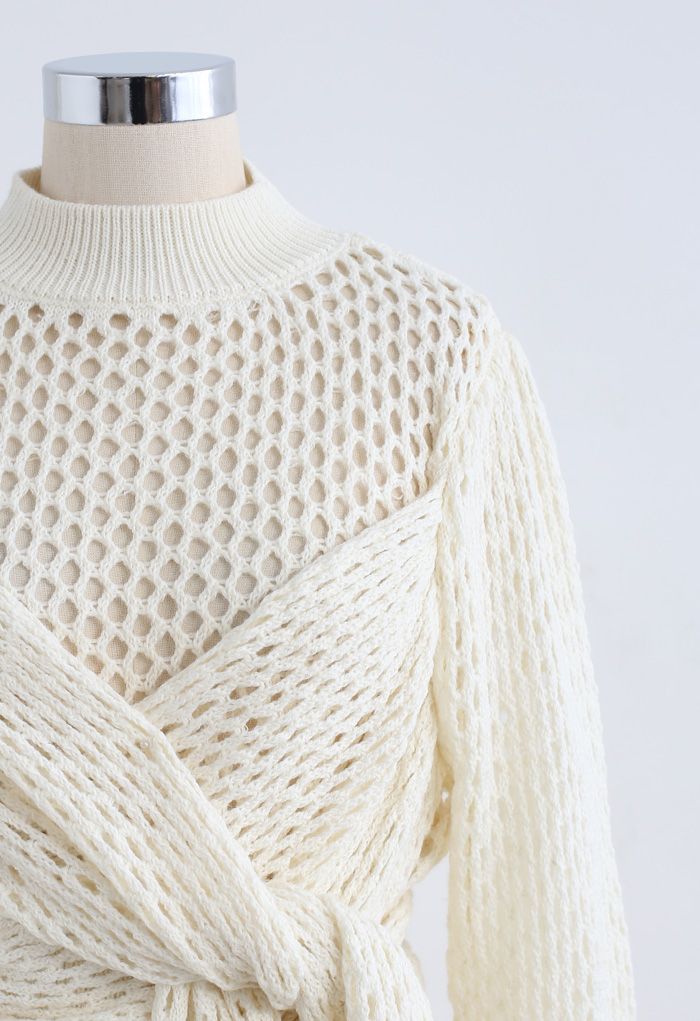 Hollow Out Wrap Bowknot Crop Sweater in Ivory