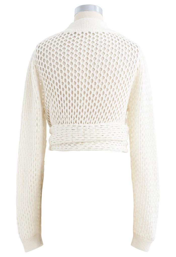 Hollow Out Wrap Bowknot Crop Sweater in Ivory