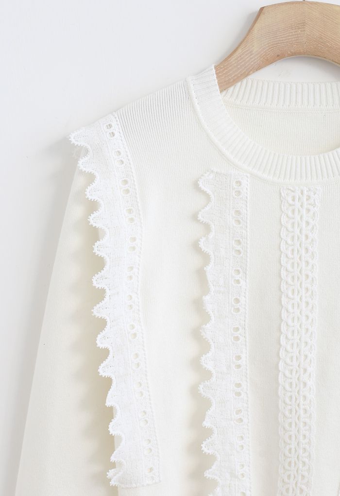 Crochet Front Ribbed Knit Sweater in White - Retro, Indie and Unique ...