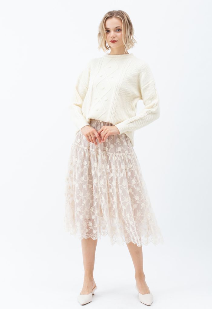 Floral Organza Overlay Mesh Midi Skirt in Cream - Retro, Indie and ...