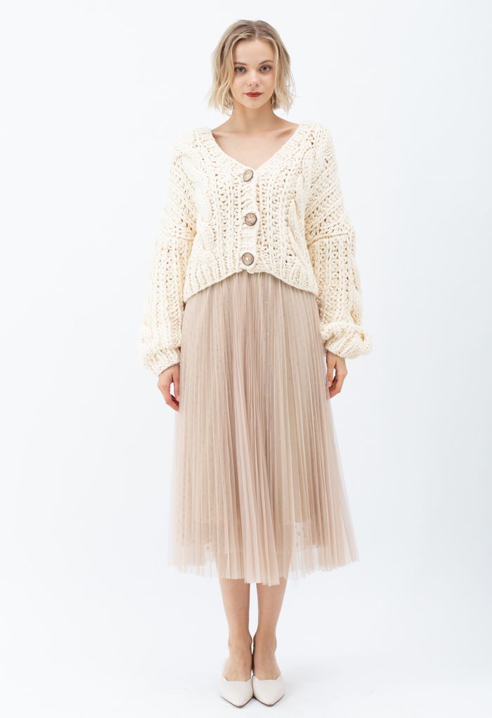 Starry Double-Layered Pleated Tulle Midi Skirt in Light Tan - Retro ...