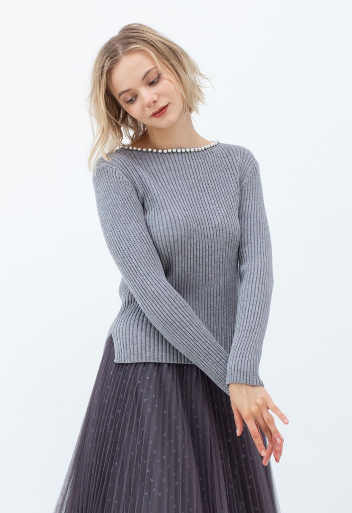 Pearl Neck Ribbed Hi-Lo Knit Sweater in Grey - Retro, Indie and Unique ...