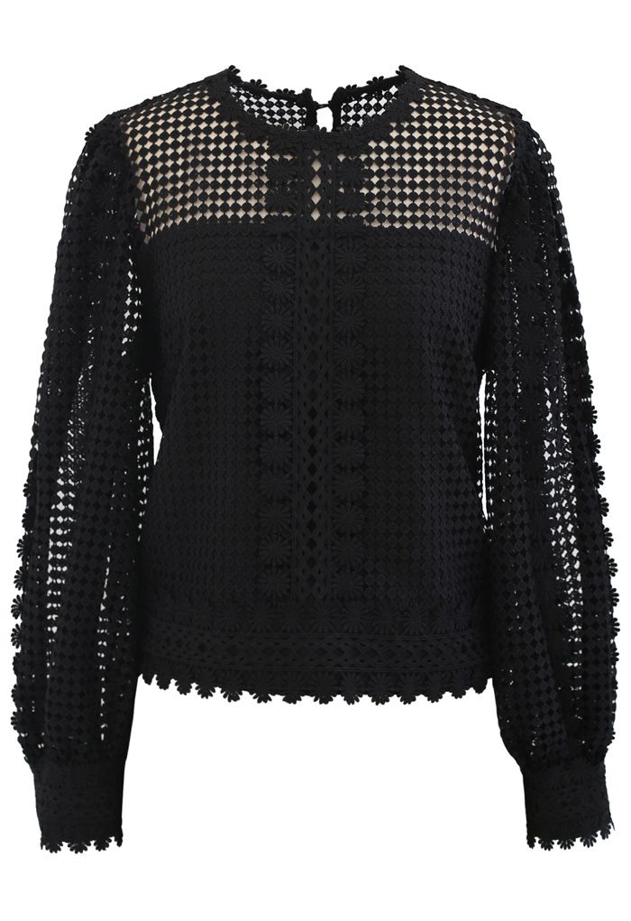 Solid Tone Full Crochet Long Sleeves Top in Black - Retro, Indie and ...