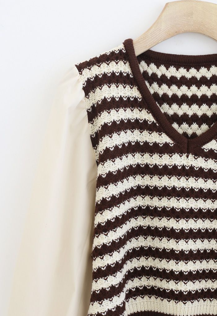 Cotton Sleeves Striped Knit Sweater in Caramel