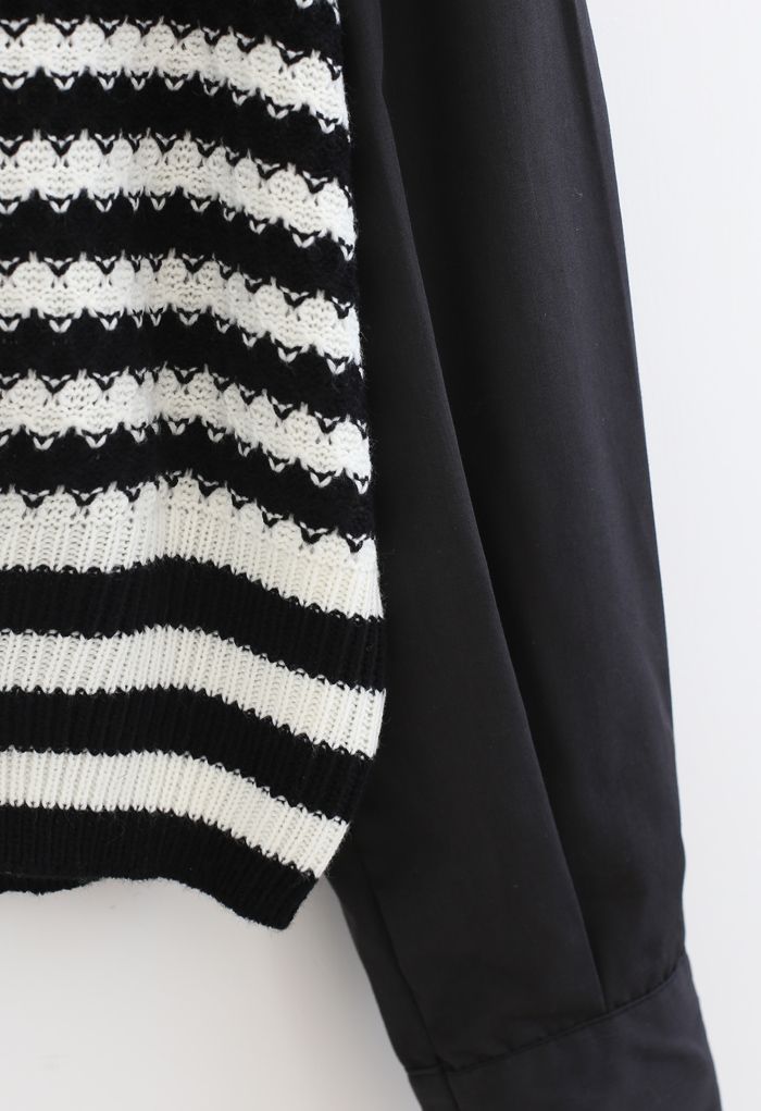 Cotton Sleeves Striped Knit Sweater in Black