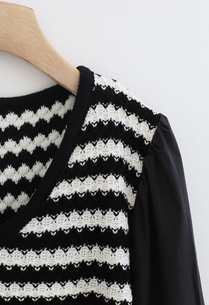 Cotton Sleeves Striped Knit Sweater in Black