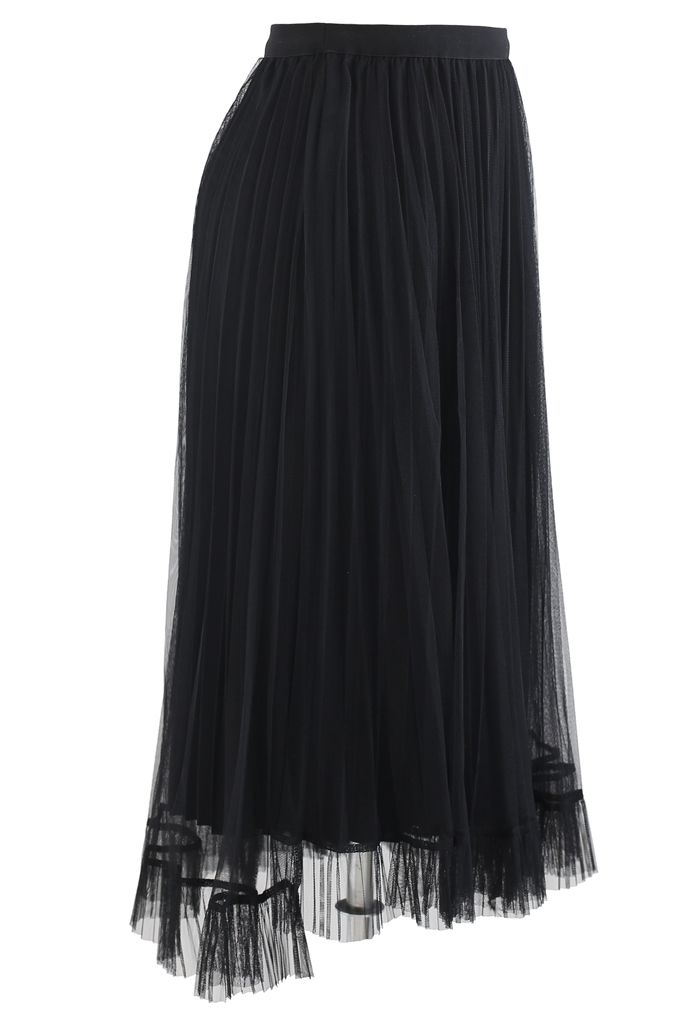 Hi-Lo Mesh Hem Pleated Skirt in Black - Retro, Indie and Unique Fashion