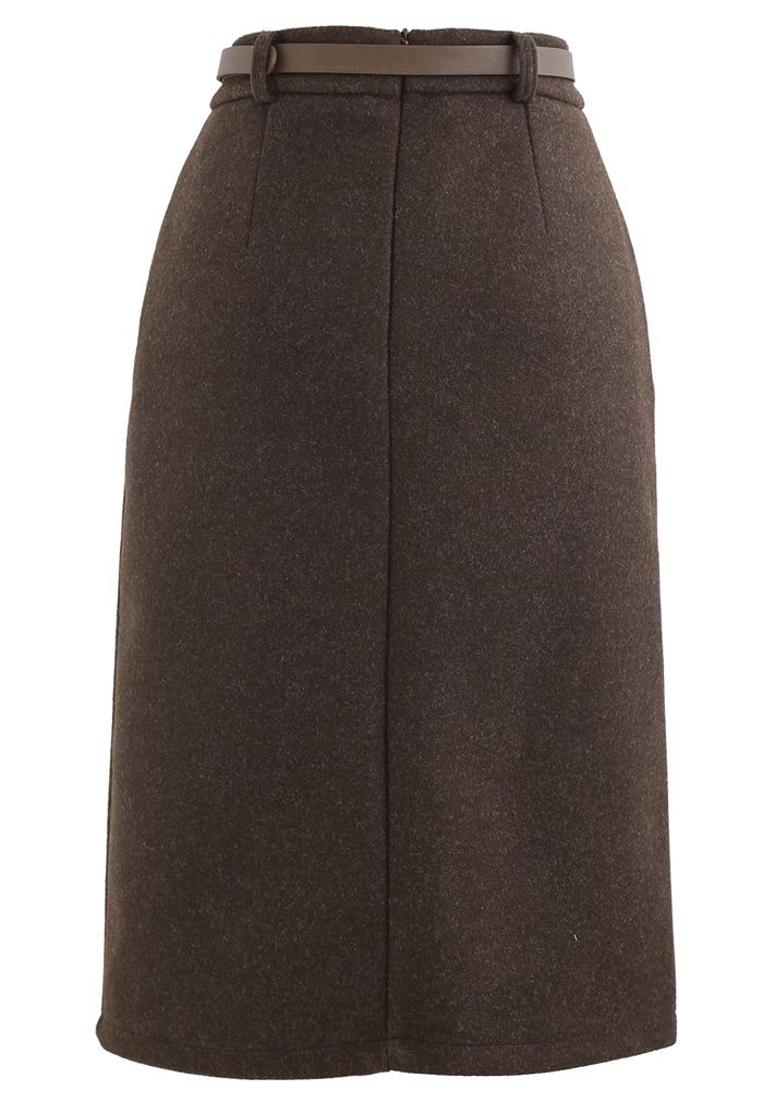 Belted Wool-Blend Split Skirt in Brown - Retro, Indie and Unique Fashion