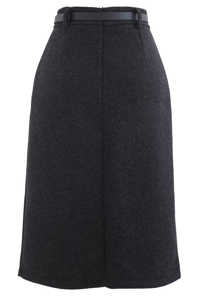 Belted Wool-Blend Split Skirt in Smoke - Retro, Indie and Unique Fashion
