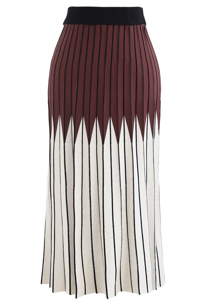 Brown and Ivory Pleated Knit Skirt