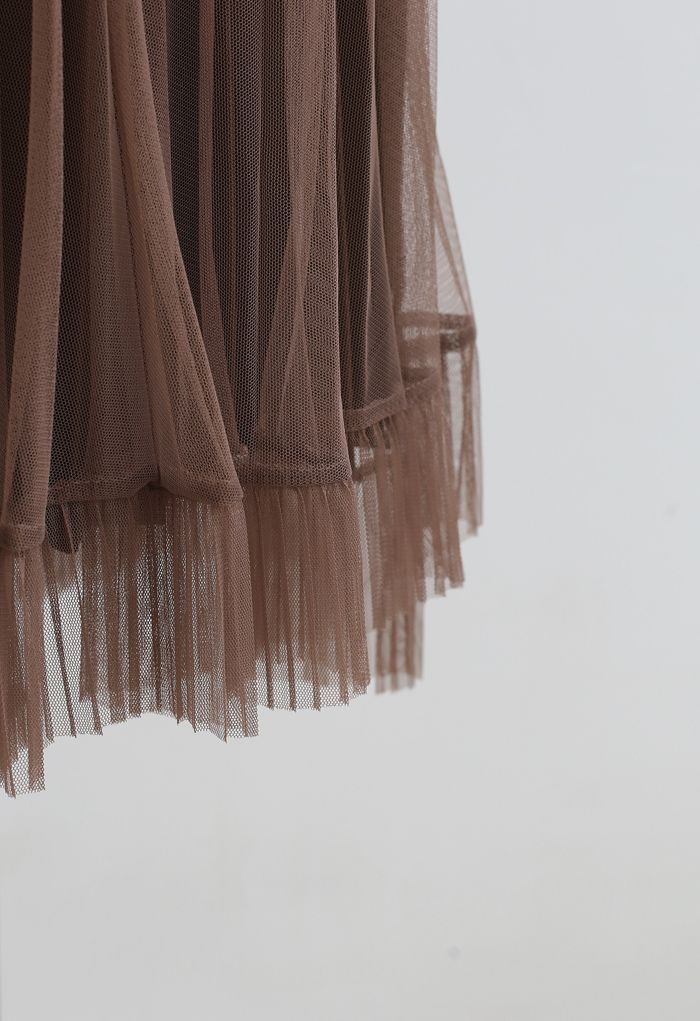 Hi-Lo Mesh Hem Pleated Skirt in Brown - Retro, Indie and Unique Fashion