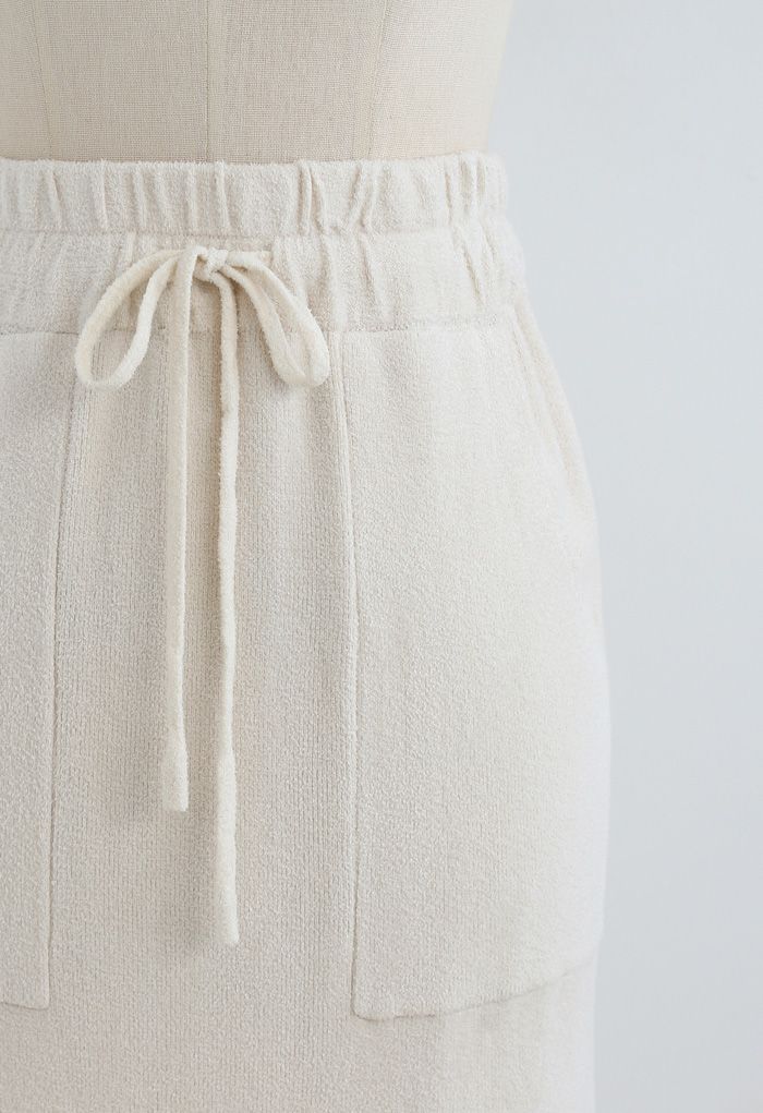 Drawstring Waist Pockets Pencil Knit Skirt in Cream - Retro, Indie and ...