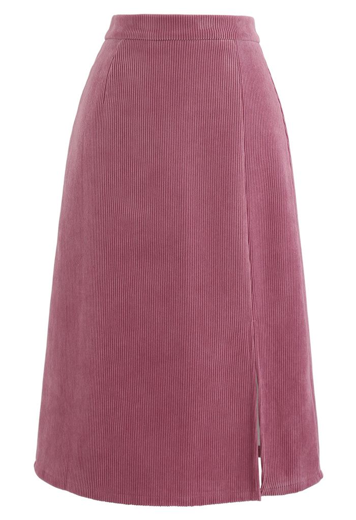 Front Split Corduroy Midi Skirt in Pink - Retro, Indie and Unique Fashion