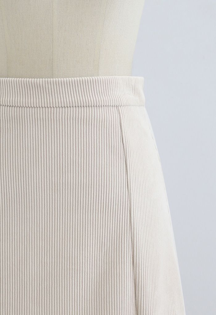 Front Split Corduroy Midi Skirt in Cream - Retro, Indie and Unique Fashion