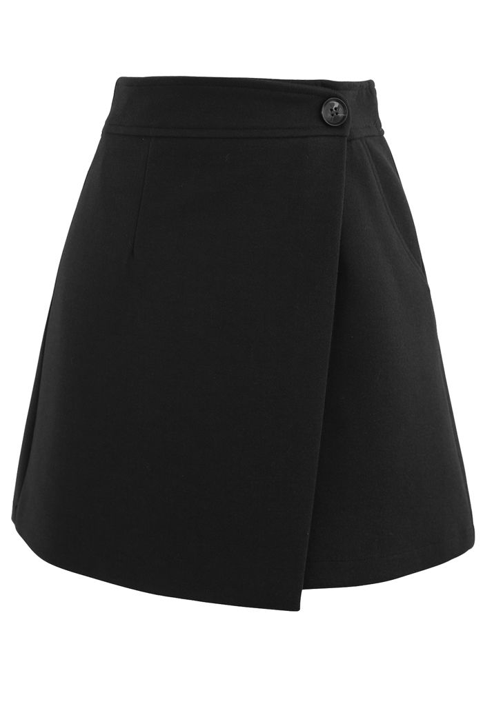 Flap Button Wool-Blend Mini Skirt in Black