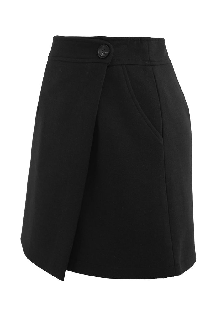 Flap Button Wool-Blend Mini Skirt in Black - Retro, Indie and Unique ...