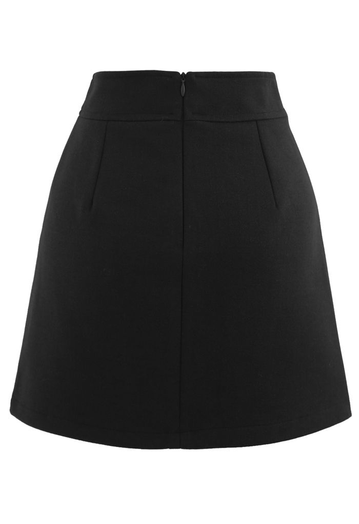 Flap Button Wool-Blend Mini Skirt in Black - Retro, Indie and Unique ...