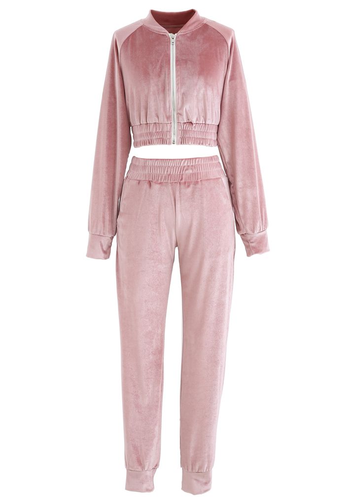 Zipper Velvet Cropped Top and Joggers Set in Pink - Retro, Indie and ...