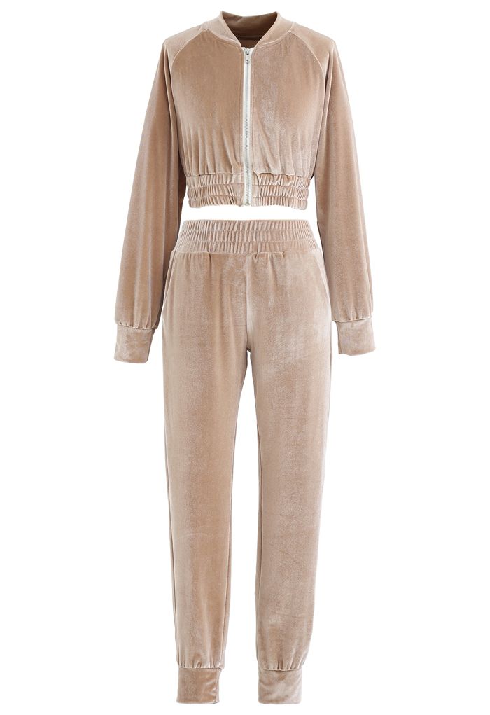 Zipper Velvet Cropped Top and Joggers Set in Tan - Retro, Indie and ...