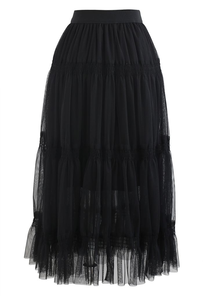 Shirred Elastic Double-Layered Mesh Skirt in Black - Retro, Indie and ...