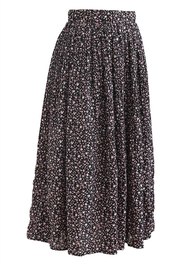 Ditsy Floret Pleated Chiffon Skirt in Black