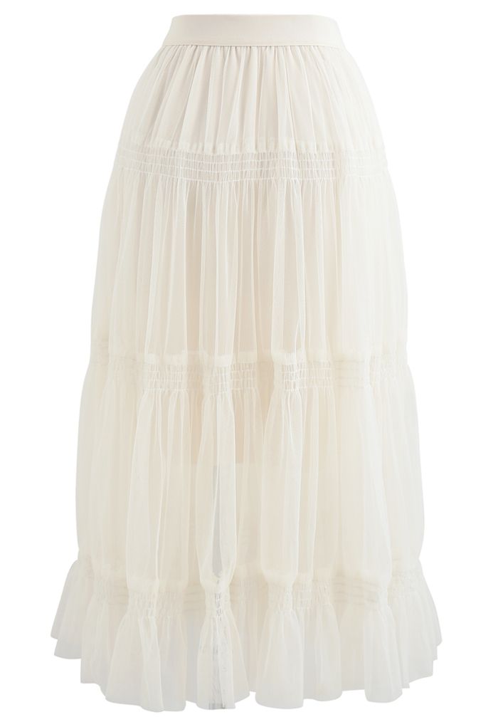 Shirred Elastic Double-Layered Mesh Skirt in Ivory - Retro, Indie and ...