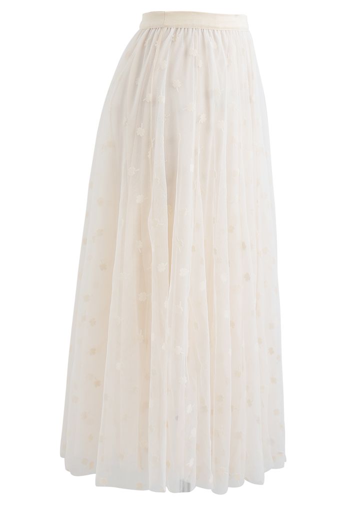 3D Clover Double-Layered Mesh Midi Skirt in Cream - Retro, Indie and ...
