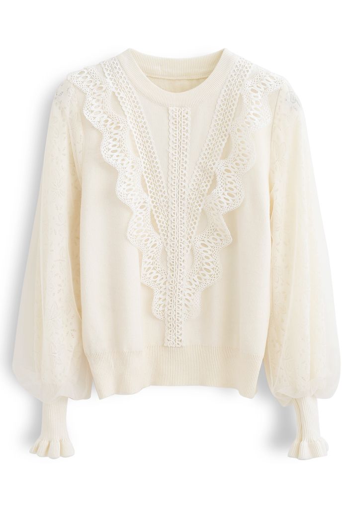 Lacy Front Mesh Sleeves Knit Top in Cream - Retro, Indie and Unique Fashion