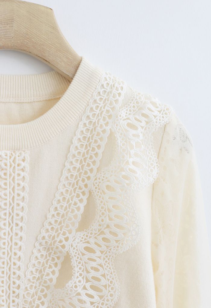 Lacy Front Mesh Sleeves Knit Top in Cream - Retro, Indie and Unique Fashion