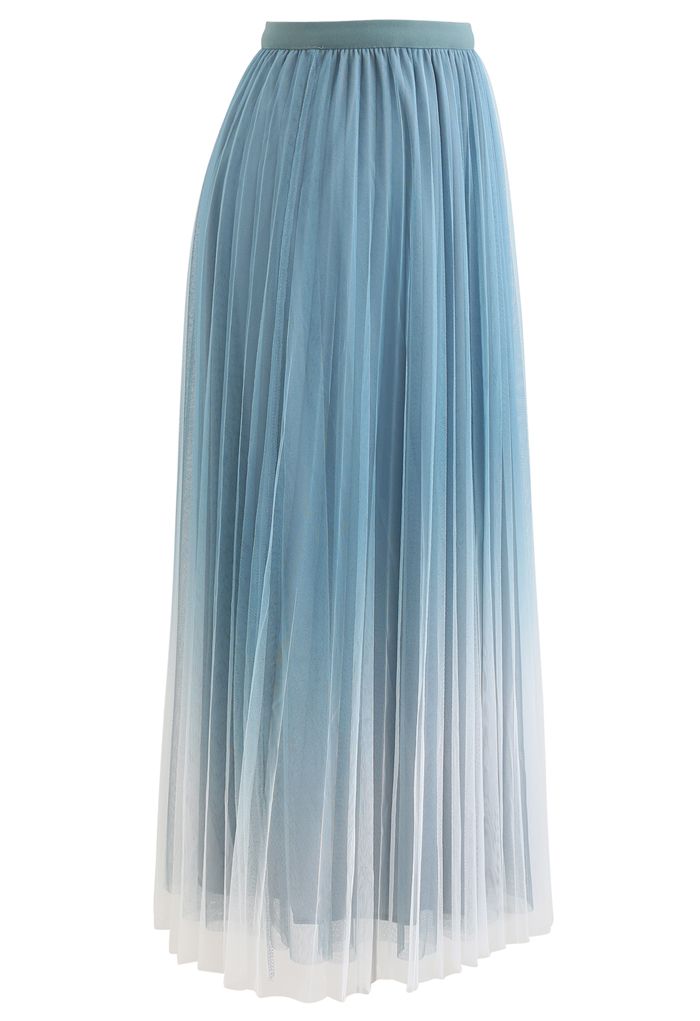 Gradient Double-Layered Mesh Tulle Skirt in Turquoise