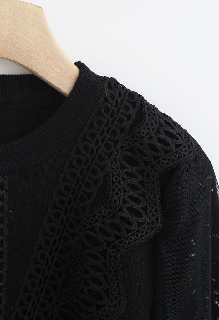 Lacy Front Mesh Sleeves Knit Top in Black