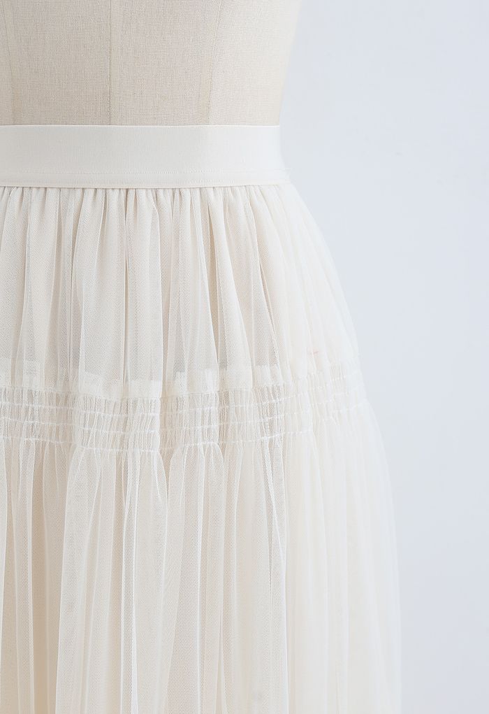 Shirred Elastic Double-Layered Mesh Skirt in Ivory - Retro, Indie and ...