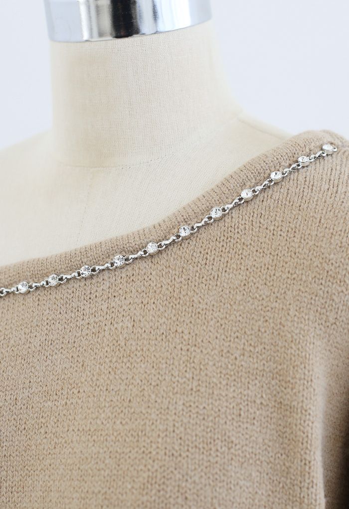 One-Shoulder Diamond Strap Knit Sweater in Camel