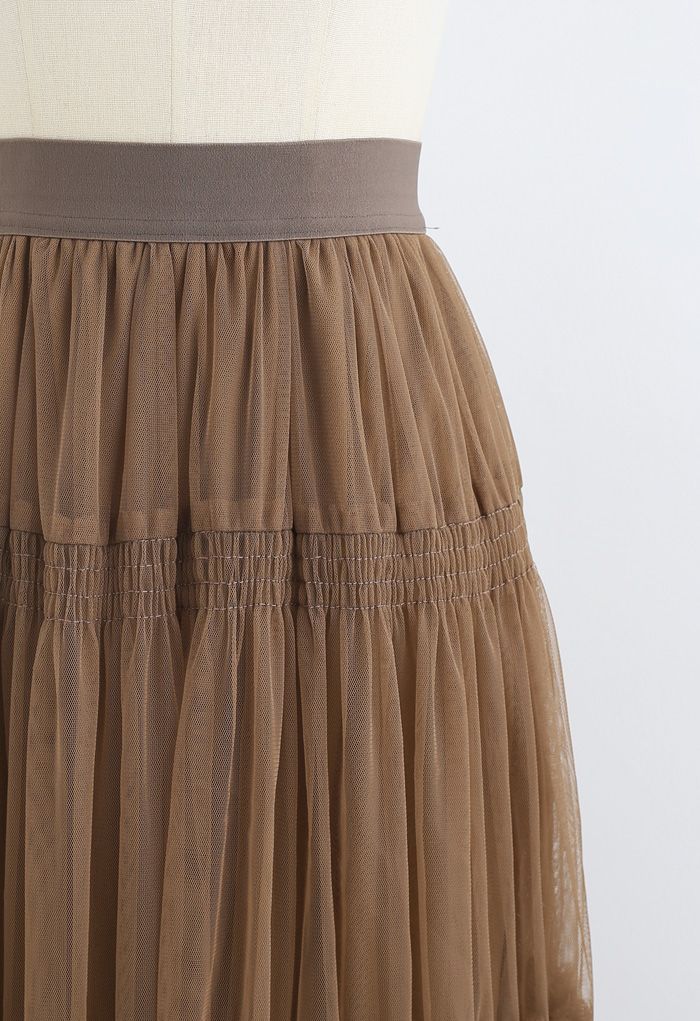 Shirred Elastic Double-Layered Mesh Skirt in Caramel - Retro, Indie and ...