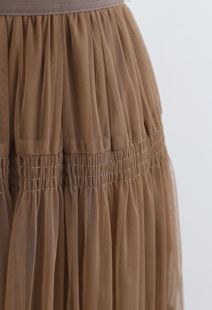 Shirred Elastic Double-Layered Mesh Skirt in Caramel - Retro, Indie and ...