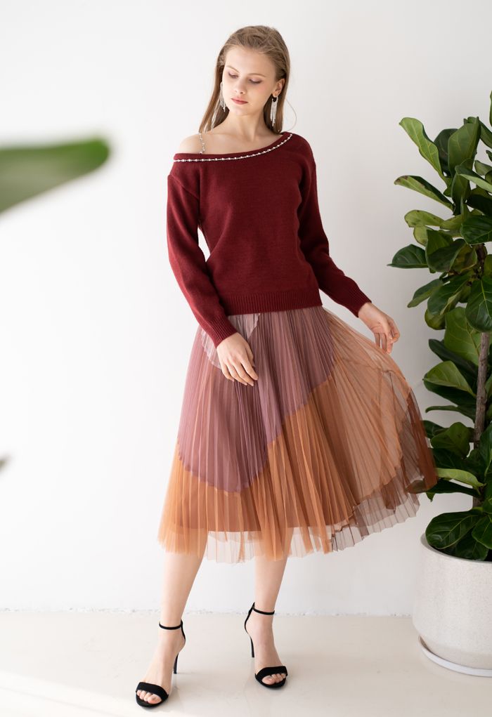 Multi Color Double-Layered Pleated Tulle Midi Skirt in Berry