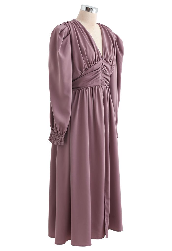 Puff Shoulder Ruched Button Down Chiffon Dress in Lilac