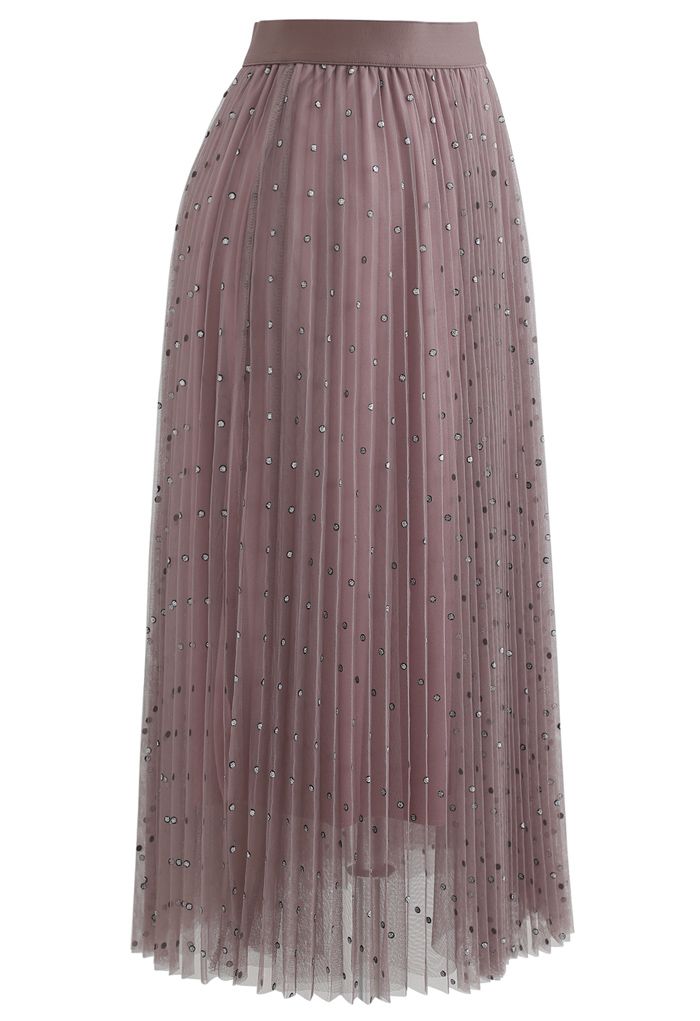 Glitter Dots Double-Layered Pleated Tulle Mesh Skirt in Berry