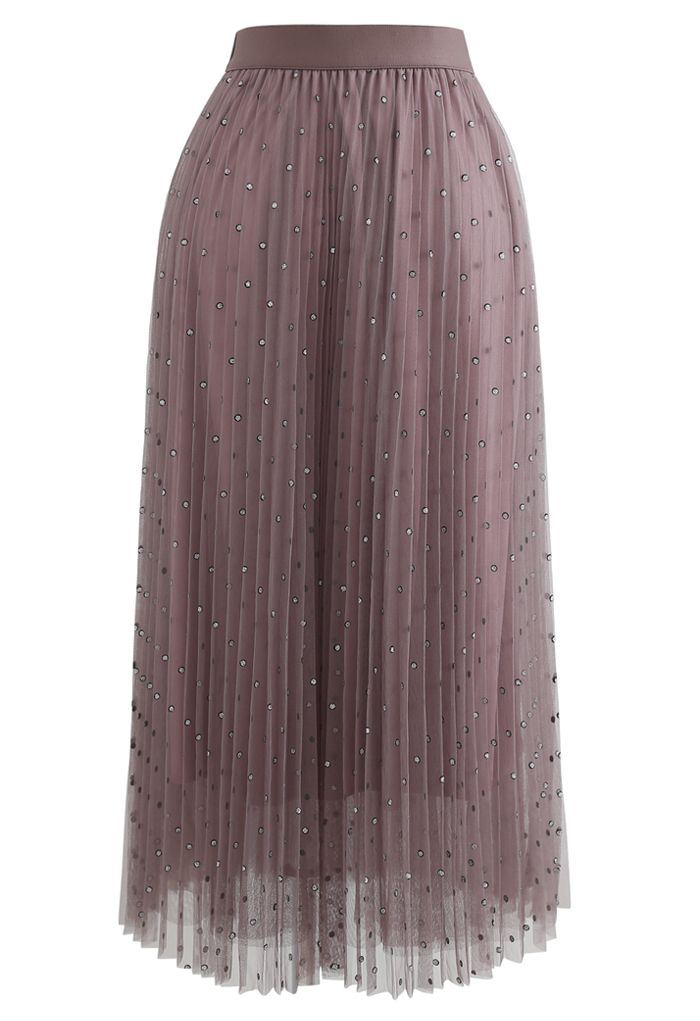 Glitter Dots Double-Layered Pleated Tulle Mesh Skirt in Berry