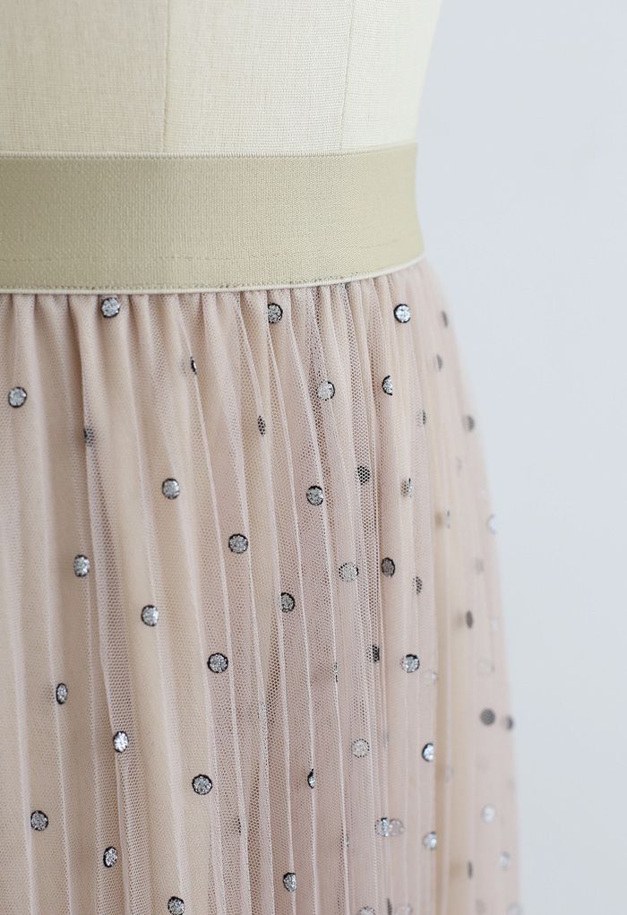 Glitter Dots Double-Layered Pleated Tulle Mesh Skirt in Tan