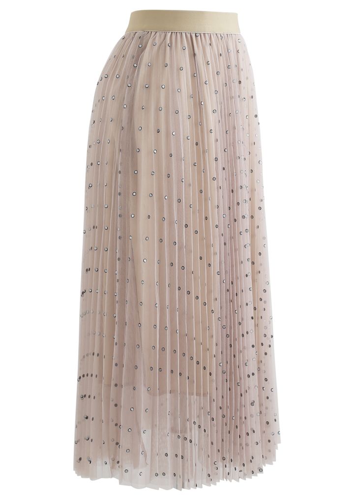 Glitter Dots Double-Layered Pleated Tulle Mesh Skirt in Tan - Retro ...