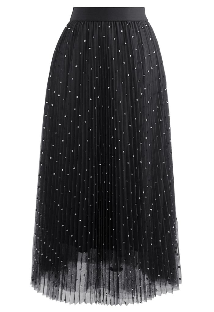 Glitter Dots Double-Layered Pleated Tulle Mesh Skirt in Black - Retro ...