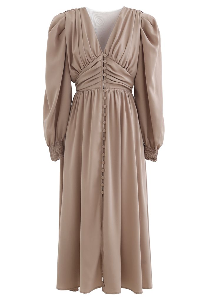 Puff Shoulder Ruched Button Down Chiffon Dress in Tan - Retro, Indie ...