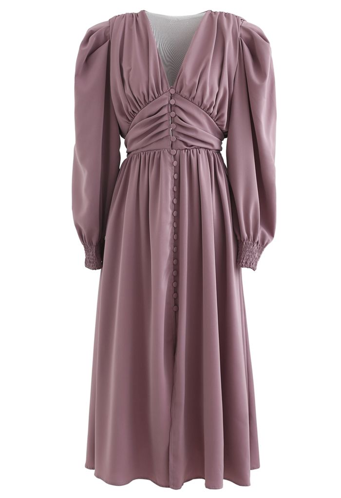 Puff Shoulder Ruched Button Down Chiffon Dress in Lilac